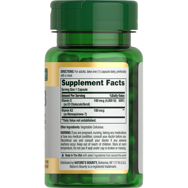 Nature's Bounty Vitamin K2 + D3, 100 mcg, Vegetable Capsules