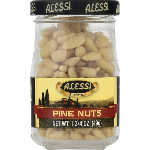 Jar of Alessi pine nuts on a white background