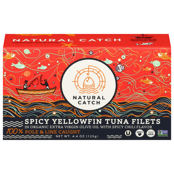 Box of Natural Catch Spicy Yellowfin Tuna Filets on a white background