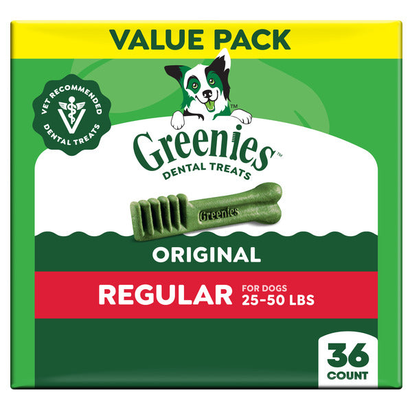 Greenies dental treats packaging for dogs on a white background