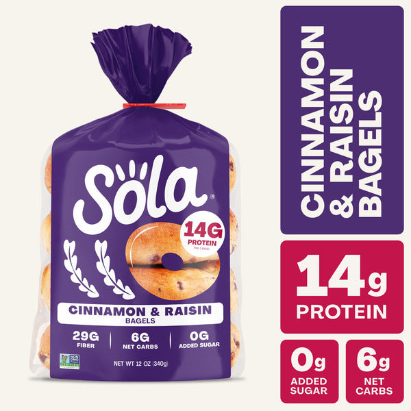 Sola Cinnamon & Raisin Bagels packaging with protein information on a white background