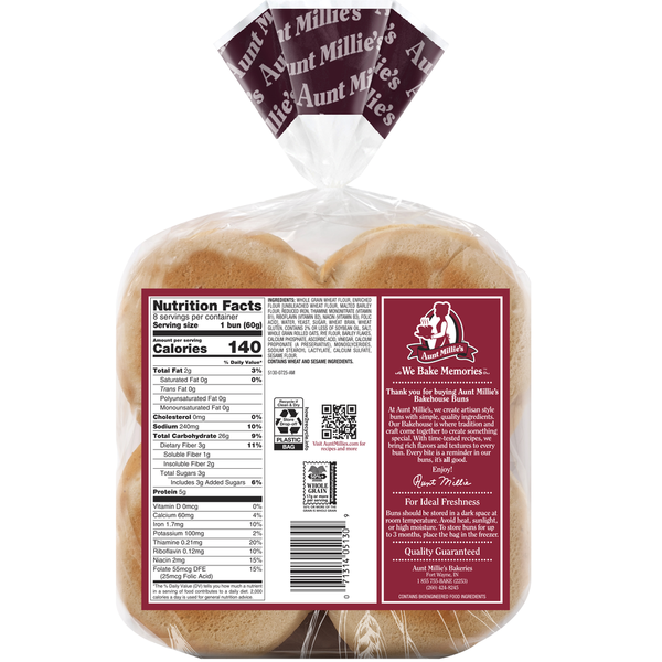 Aunt Millie's Artisan Style Whole Grain Hamburger Buns