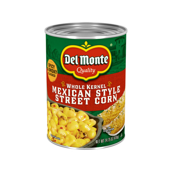 Can of Del Monte whole kernel Mexican style street corn on a white background