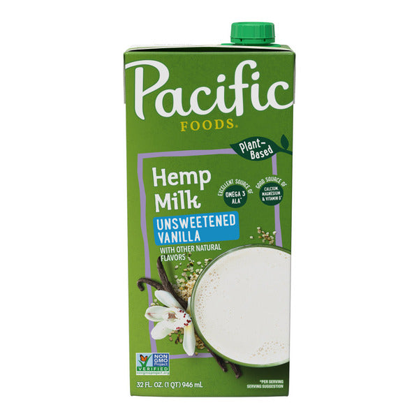 Carton of Pacific Foods Hemp Milk Unsweetened Vanilla flavor on a white background