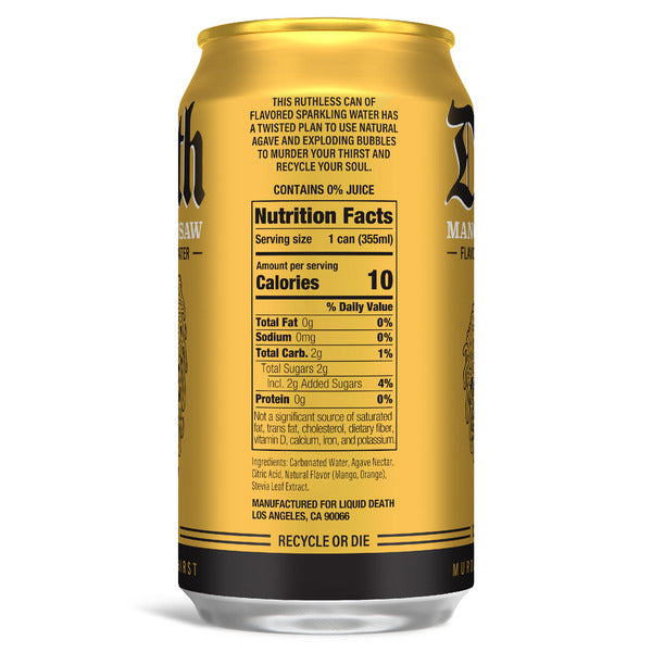 Liquid Death Soda-Flavored Sparkling Water, Mango Chainsaw