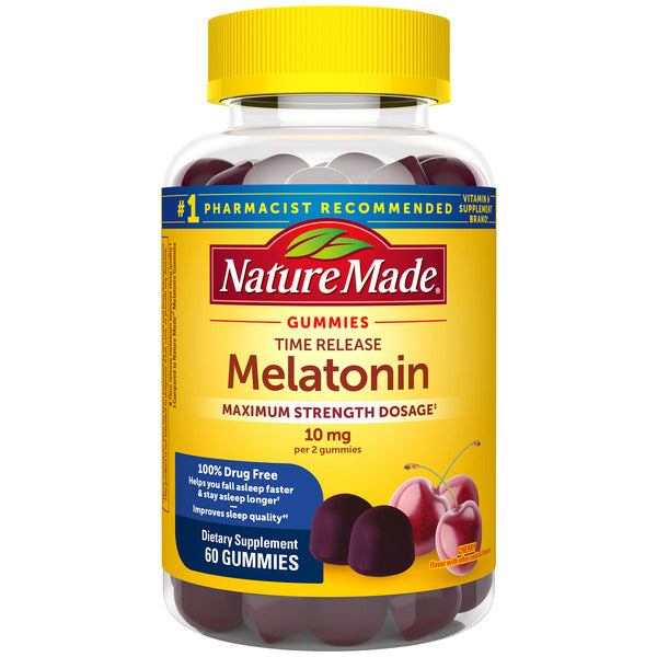 Nature Made Time Release Melatonin Gummies 10mg per serving, Maximum Strength Dosage Sleep Aid for Adults, 100% Drug Free, 60 Gummies, 30 Day Supply