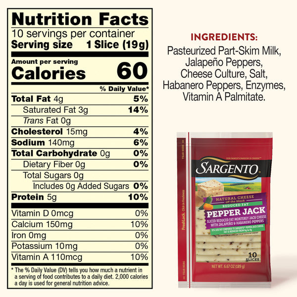 Sargento Reduced Fat Natural Pepper Jack Sliced Cheese, 10 Slices