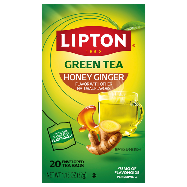 Lipton Green Tea Honey Ginger packaging with a cup of tea and ginger root on a green background.