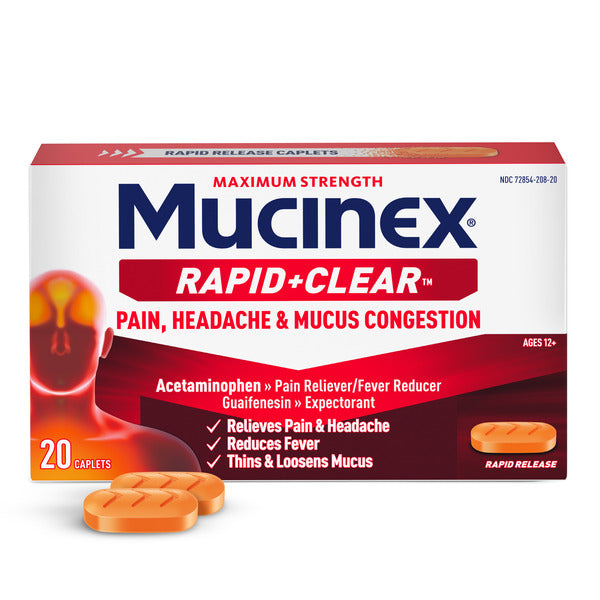 MUCINEX® Rapid+Clear Maximum Strength Cold Medicine & Expectorant with Acetaminophen & Guaifenesin, Rapid Release Caplets for Adults