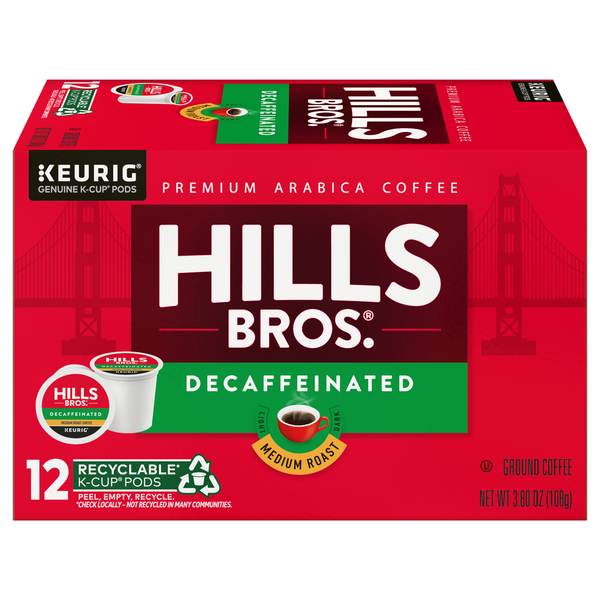 Hills Bros. K-Cup Pods Ground Premium Arabica Decaffeinated Medium Roast Coffee