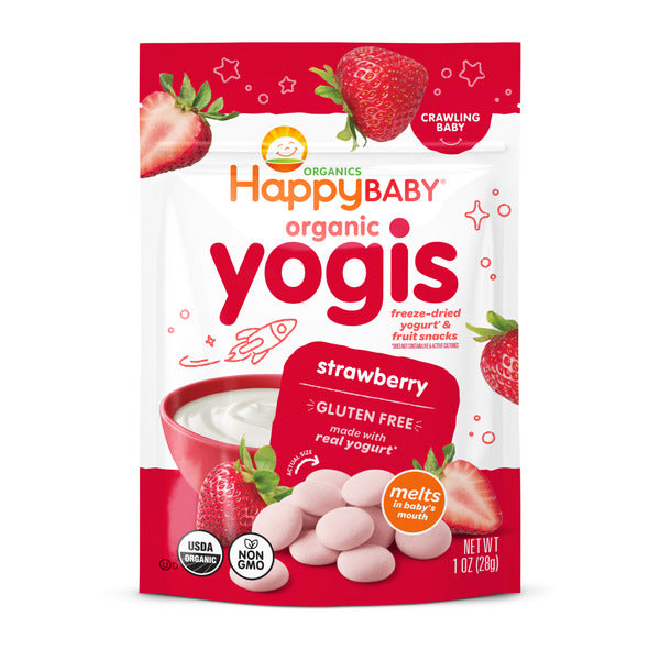Happy Baby Organic Yogis strawberry snack package on a white background