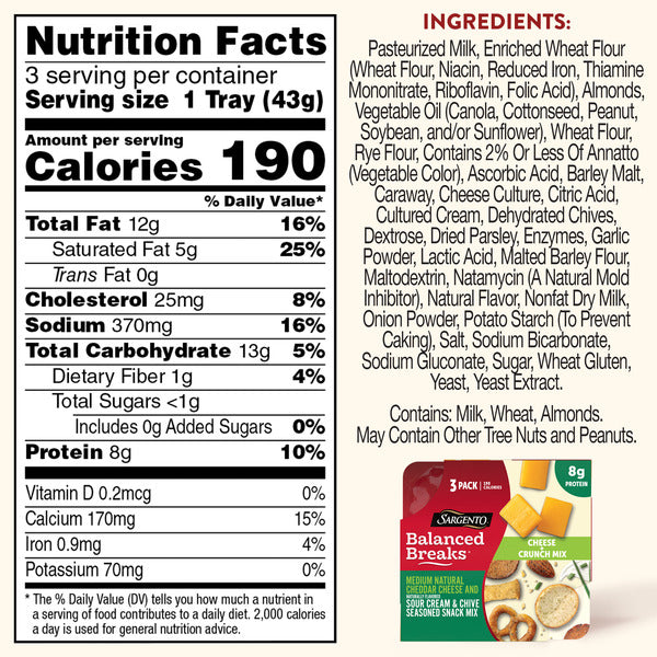 Sargento Balanced Breaks® Cheese + Crunch Mix Medium Natural Cheddar Cheese and Naturally Flavored Sour Cream & Chive Seasoned Snack Mix of Pretzels, Rye Chips, Roasted Almonds, Toasted Bread Chips, Bread Sticks Snack, 3-Pack