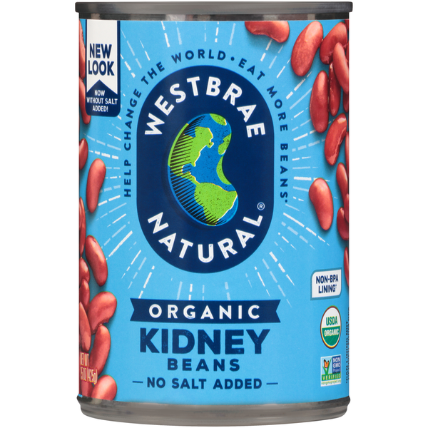Can of Westbrae Natural organic kidney beans on a white background