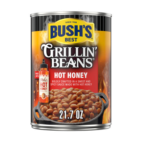 Can of Bush's Grillin' Beans Hot Honey with beans and hot honey bottle on label