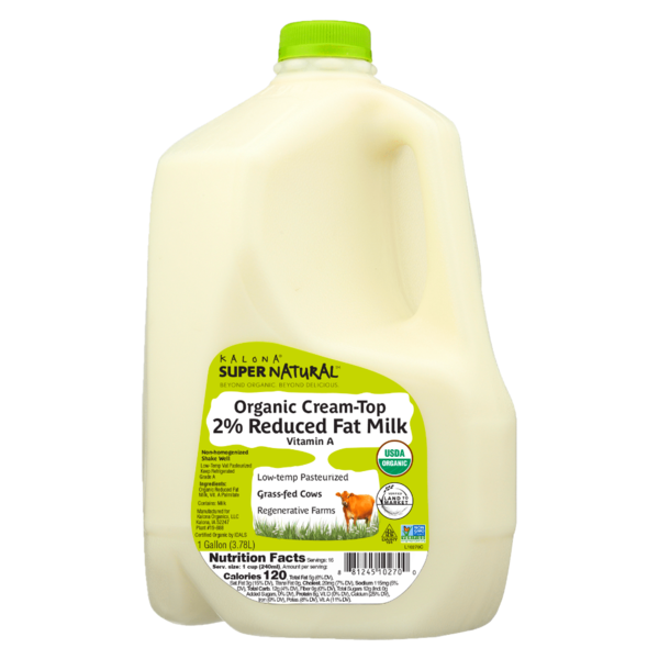 Gallon of Kalona Super Natural Organic Cream-Top Milk on a white background