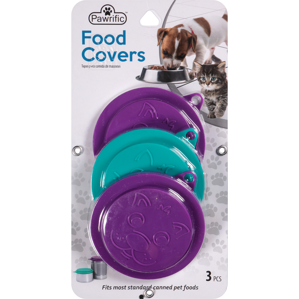 Set of three pet food covers on a packaging with a dog and cat illustration.