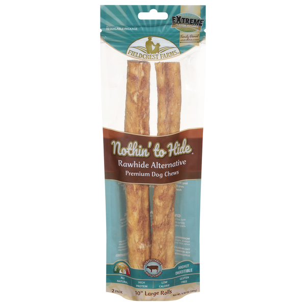 Fieldcrest Farms Nothin' to Hide Dog Chews, Premium, Beef Flavor, 10 Inches Large Rolls, 2 Pack