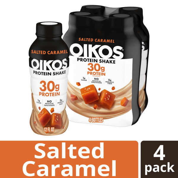 Oikos Protein Shake, Salted Caramel, 30g High Protein Drinks, Shelf Stable, Ready to Drink, 5g Prebiotic Fiber, 12 fl oz Bottle, 4 Count