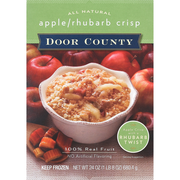 Door County apple rhubarb crisp packaging with apples and rhubarb on a white background