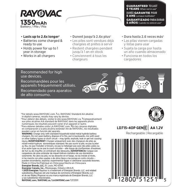 RAYOVAC Rechargeable AA Batteries, NiMH Double A Batteries