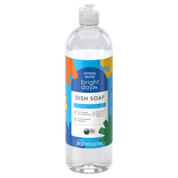 Bottle of Simply Done Bright Day dish soap on a white background