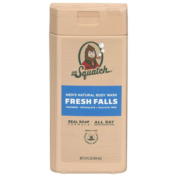 Dr. Squatch men's natural body wash with 'Fresh Falls' label on beige container