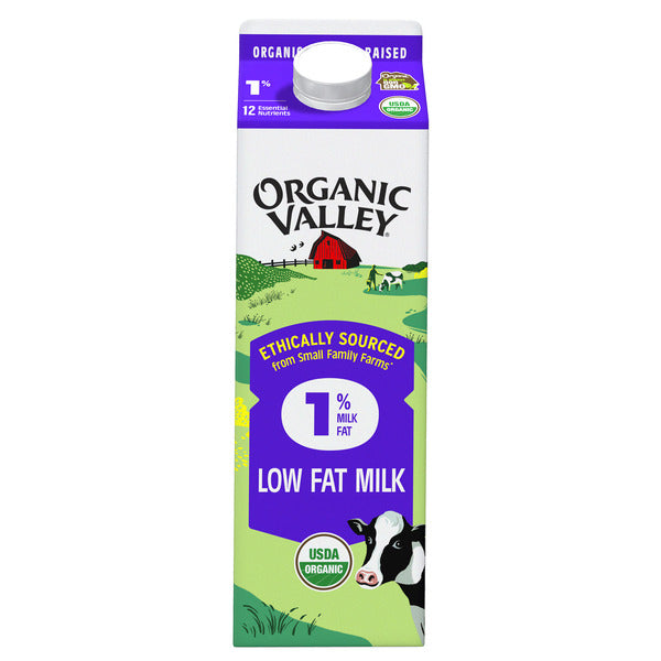 Organic Valley 1% low fat milk carton on a white background