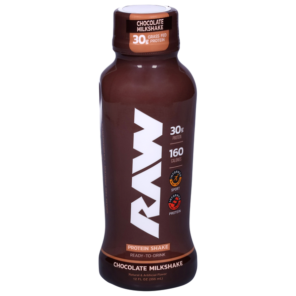 Chocolate milkshake protein shake bottle with 'RAW' branding on a white background
