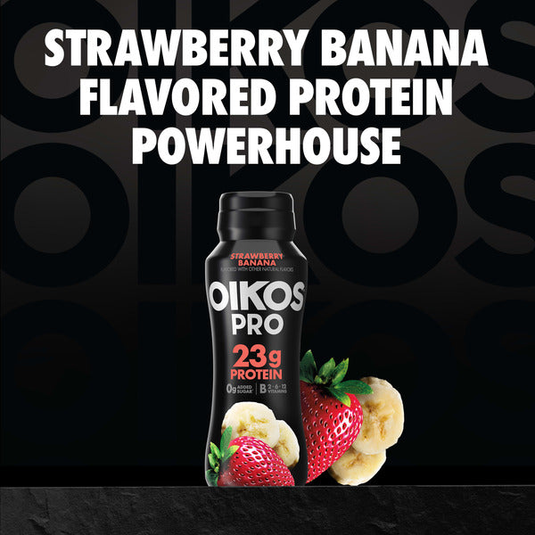 Oikos Pro 23g Protein, Strawberry Banana Cultured Dairy Drink, 0g Added Sugar, Convenient High Protein Snacks for School, Office, Gym, 7 fl oz Bottle