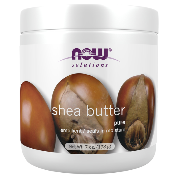 Jar of NOW Solutions shea butter on a white background