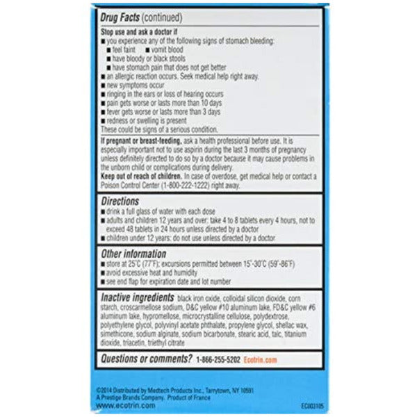 Ecotrin Safety Coated Aspirin Pain Reliever Tablets Low Strength, NSAID 81mg