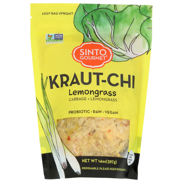 Sinto Gourmet Kraut-Chi Lemongrass package with yellow background and green illustrations.