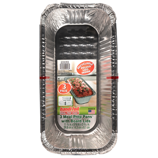 Aluminum meal prep pan with a label on a white background