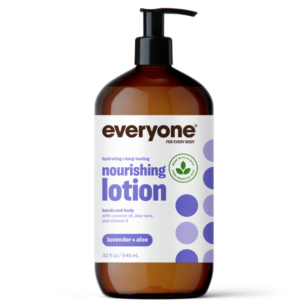 Bottle of everyone nourishing lotion with a pump on a white background