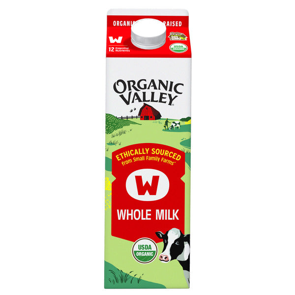 Organic Valley whole milk carton on a white background