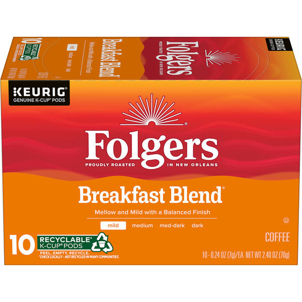 Box of Folgers Breakfast Blend K-Cup coffee pods with Keurig branding.