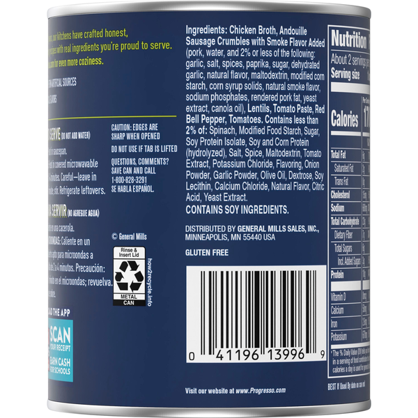 Progresso Protein Tomato Sausage and Lentil Gluten Free Canned Soup