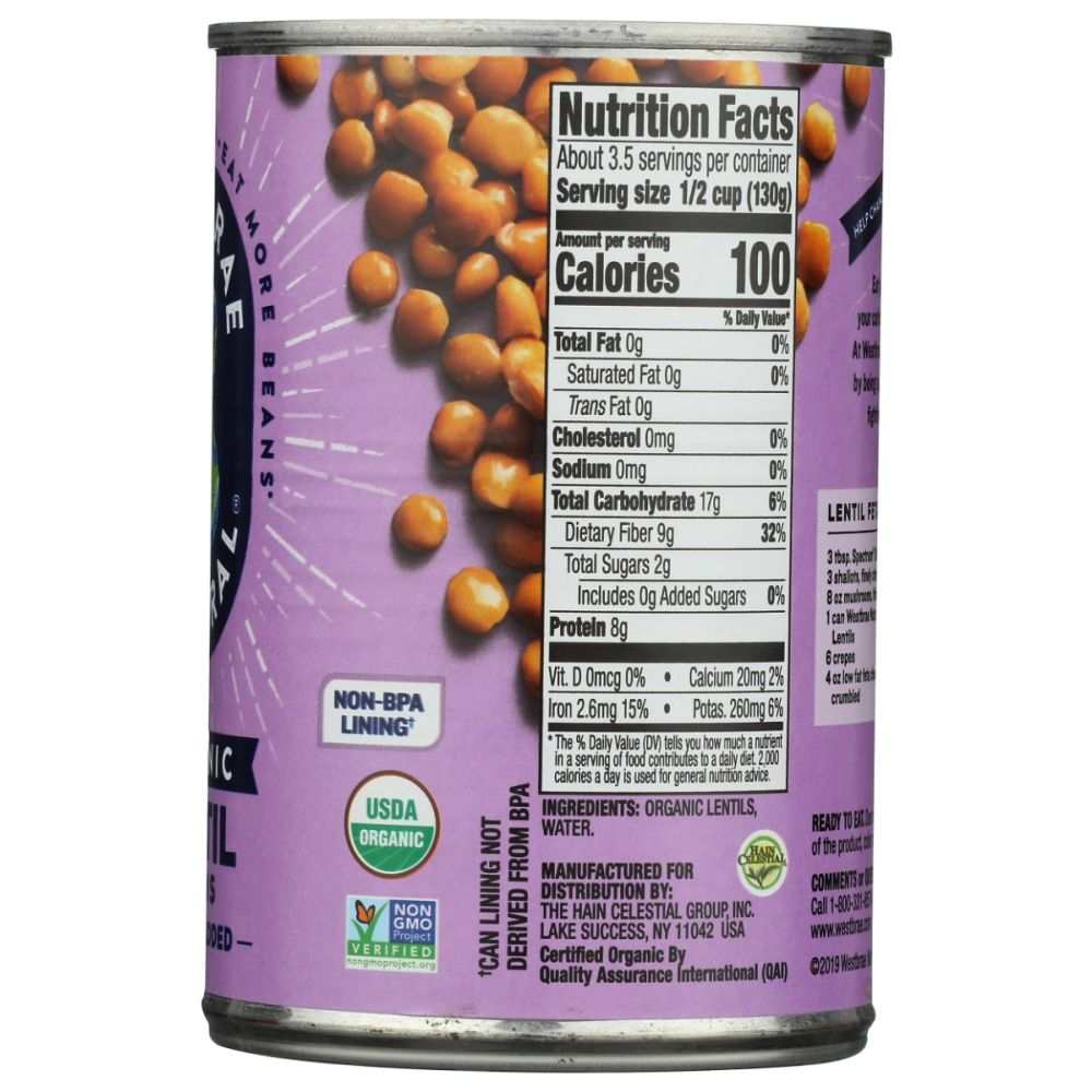 WESTBRAE Organic Lentil Beans No Salt Added - 15 oz | Fresh & Healthy