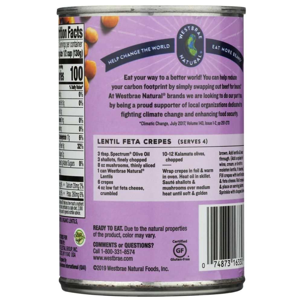 WESTBRAE Organic Lentil Beans No Salt Added - 15 oz | Fresh & Healthy