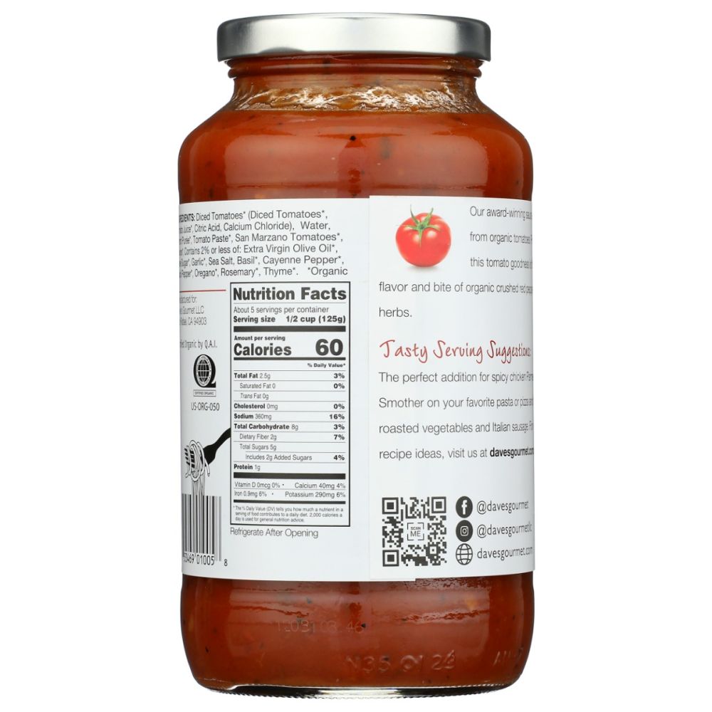 DAVES GOURMET: Organic Spicy Heritage Red Pasta Sauce, 24 oz
