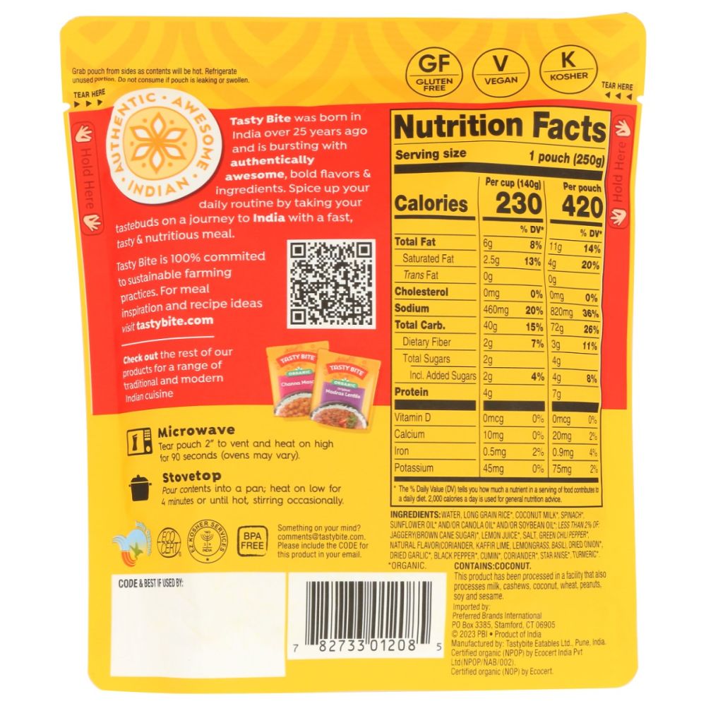 TASTY BITE: Organic Thai Lime Rice, 8.8 oz